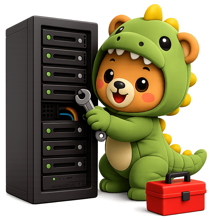 Nova, de RexHosting mascotte, bij een serverrack